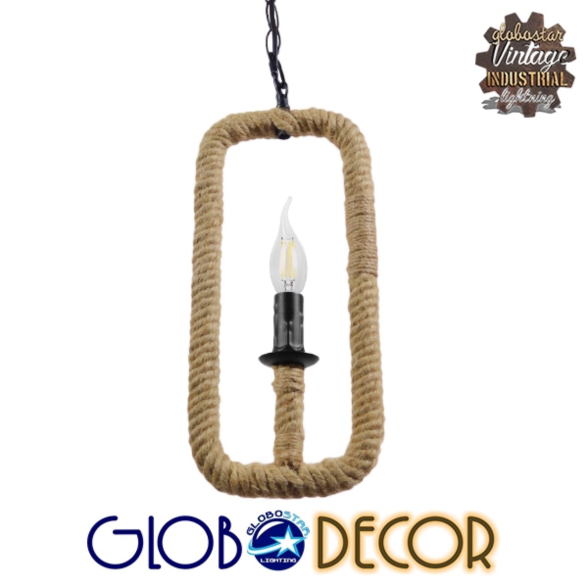 GloboStar® LINDELL 10001110 Vintage Κρεμαστό Φωτιστικό Ανάρτηση Μονόφωτο 1 x E27 IP20 Μαύρο Μέταλλο με Μπεζ Σχοινί - Μ18 x Π18 x Υ33cm