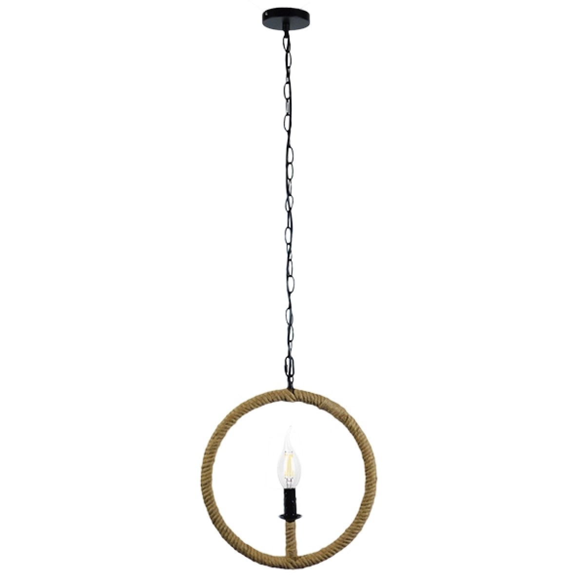 GloboStar® LINDELL 10001111 Vintage Κρεμαστό Φωτιστικό Ανάρτηση Μονόφωτο 1 x E27 IP20 Μαύρο Μέταλλο με Μπεζ Σχοινί - Μ33 x Π33 x Υ33cm