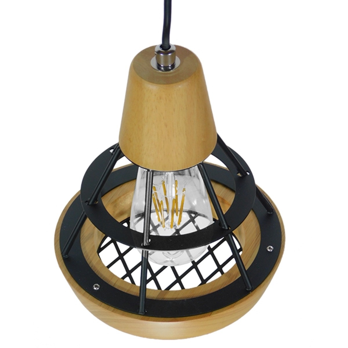 GloboStar® AKRON 10001133 Μοντέρνο Κρεμαστό Φωτιστικό Πλέγμα Μονόφωτο 1 x E27 IP20 Μπεζ Ξύλο με Μαύρο Μέταλλο - Μ19 x Π19 x Υ22cm