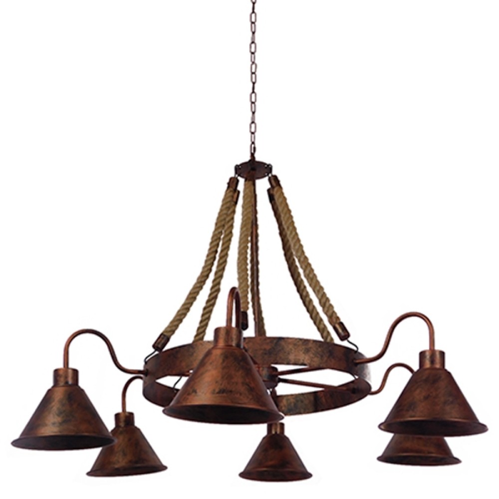 GLOBOSTAR® CAMELOT 10001191 Vintage Κρεμαστό Φωτιστικό Οροφής με Ντουί 6 x E27 AC 220-240V IP20 - Χάλκινο & Μπεζ - Μ92 x Π92 x Υ118cm