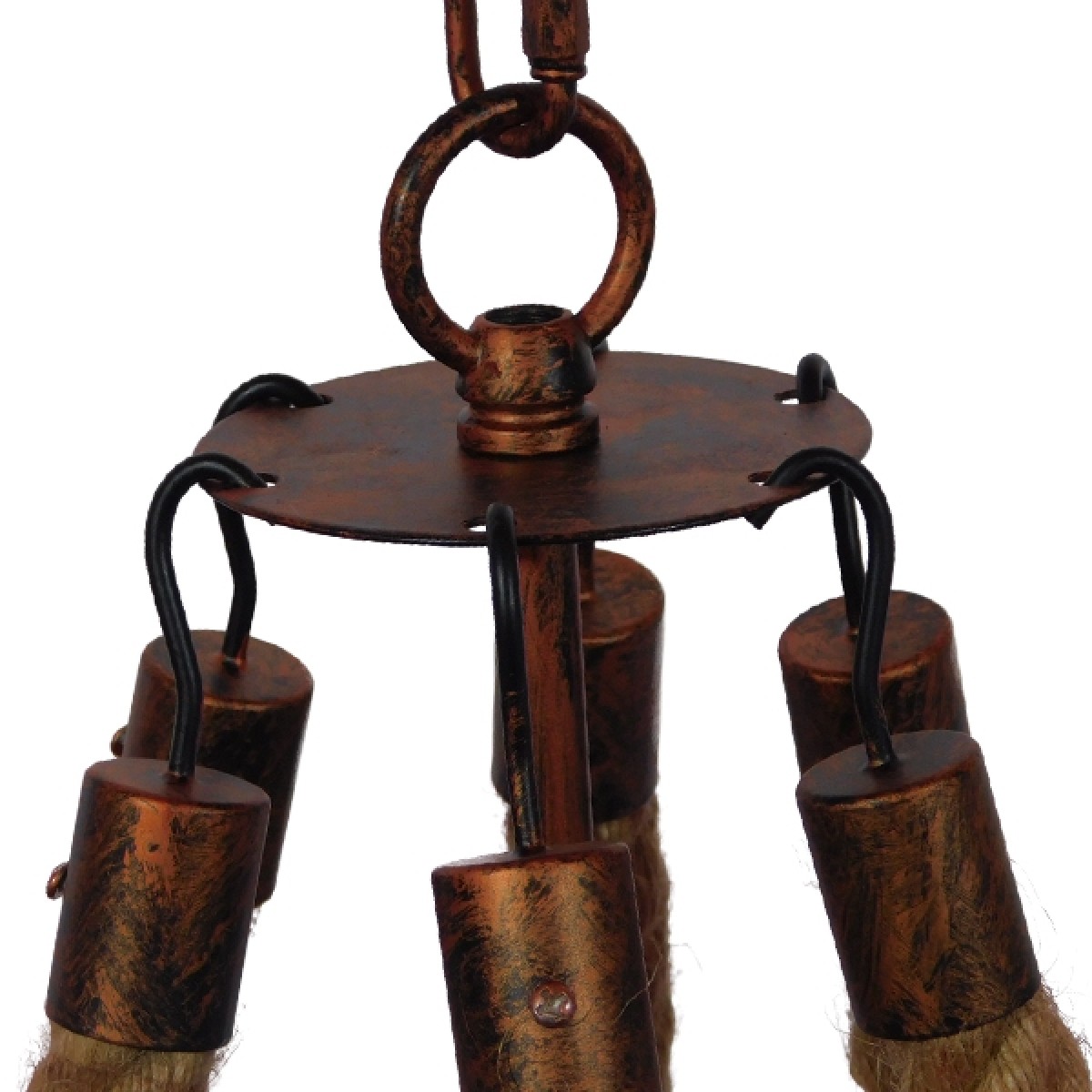 GloboStar® CAMELOT 10001191 Vintage Κρεμαστό Φωτιστικό Ανάρτηση Πολύφωτο 6 x E27 IP20 Χάλκινο Μέταλλο με Μπεζ Σχοινί - Μ92 x Π92 x Υ118cm