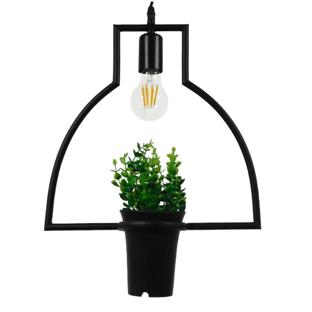 GloboStar® FLOWERPOT 10001209 Μοντέρνο Κρεμαστό Φωτιστικό Ανάρτηση Μονόφωτο 1 x E27 IP20 Μαύρο Μέταλλο με Πράσινο Πλαστικό - Μ34 x Π34 x Y34cm