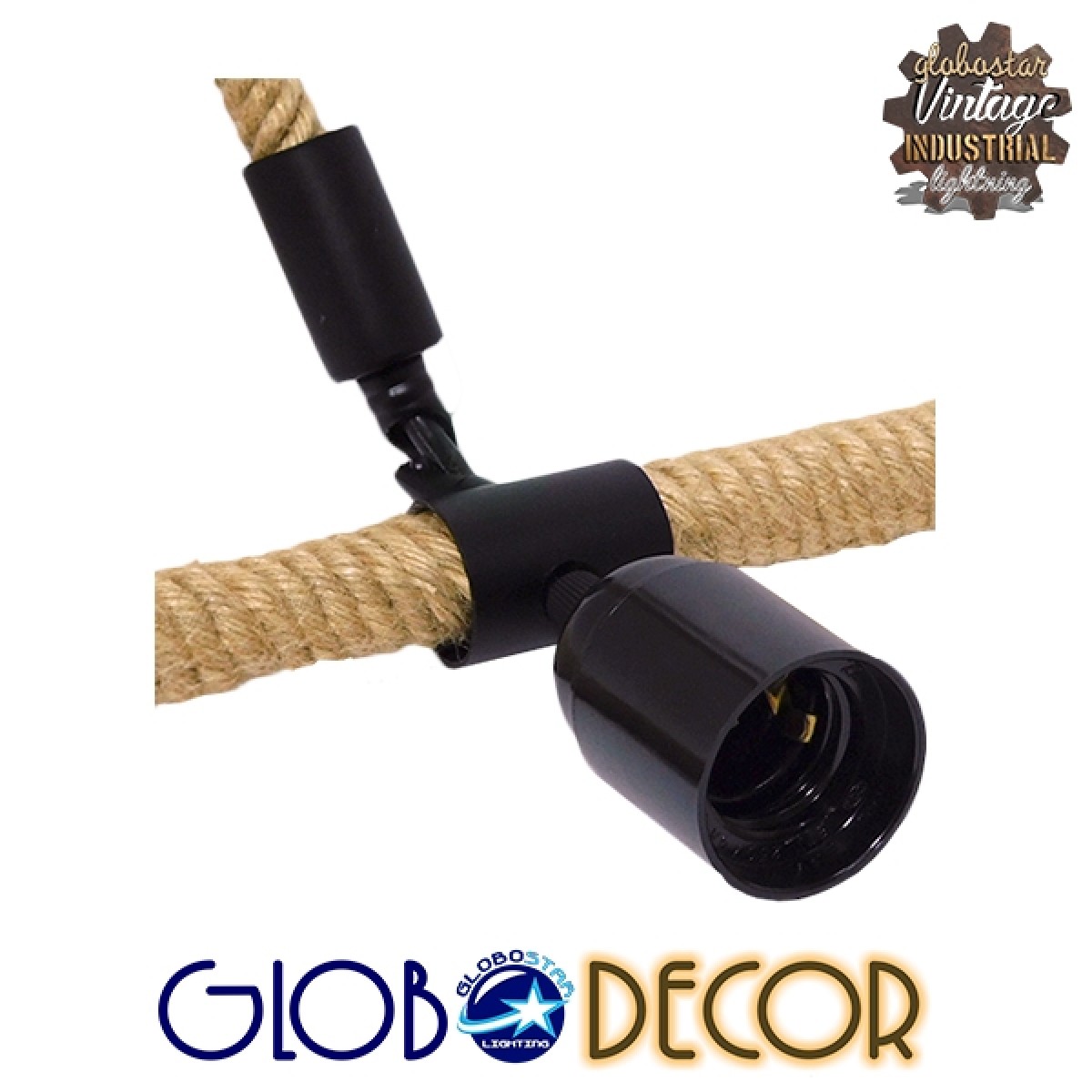 GloboStar® MALVERN 10001238 Vintage Κρεμαστό Φωτιστικό Ανάρτηση Μονόφωτο 1 x E27 IP20 Μαύρο Μέταλλο με Μπεζ Σχοινί - Μ37 x Π22 x Υ34cm