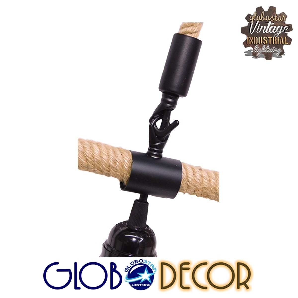 GloboStar® MALVERN 10001238 Vintage Κρεμαστό Φωτιστικό Ανάρτηση Μονόφωτο 1 x E27 IP20 Μαύρο Μέταλλο με Μπεζ Σχοινί - Μ37 x Π22 x Υ34cm