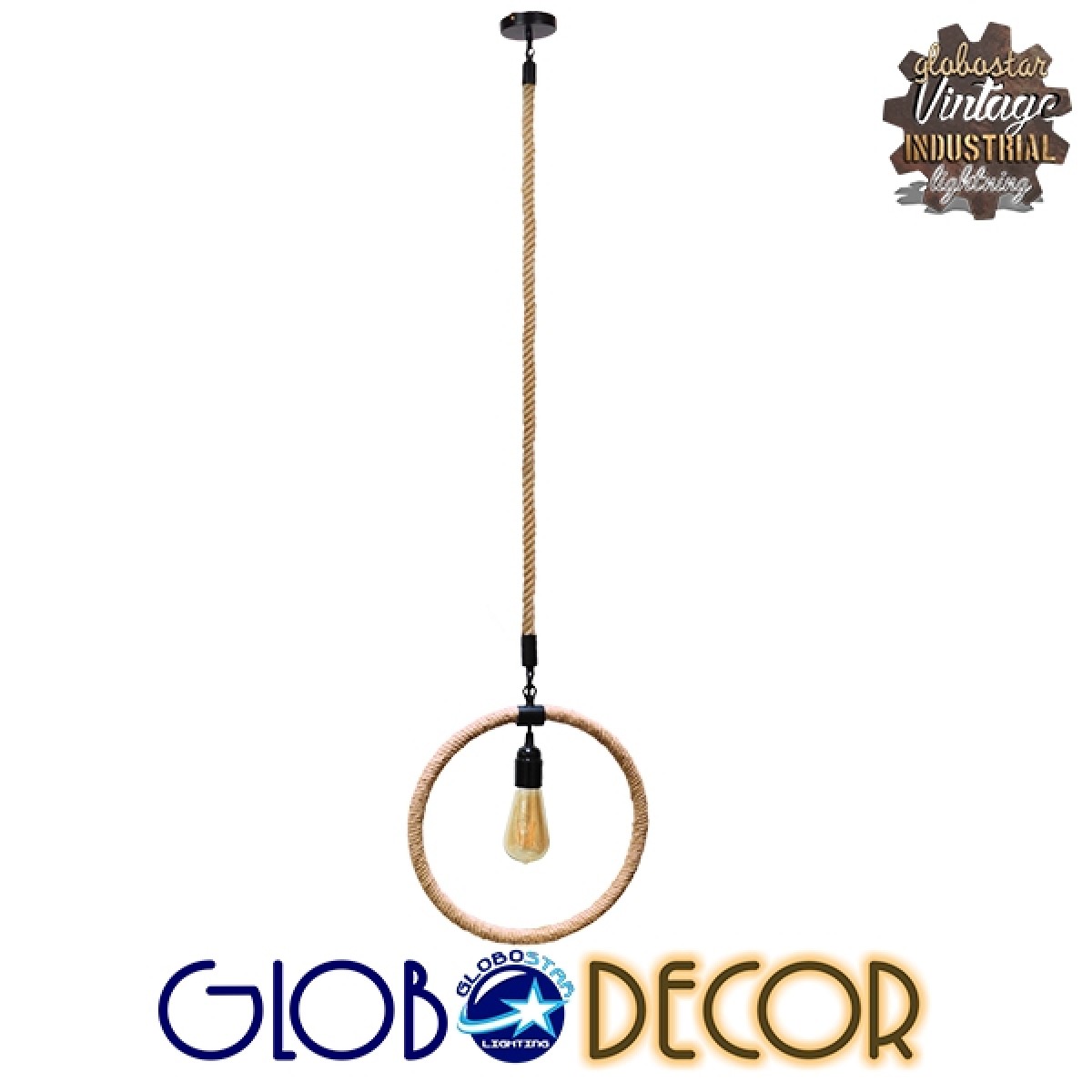 GloboStar® MALVERN 10001239 Vintage Κρεμαστό Φωτιστικό Ανάρτηση Μονόφωτο 1 x E27 IP20 Μαύρο Μέταλλο με Μπεζ Σχοινί - Μ34 x Π22 x Υ34cm