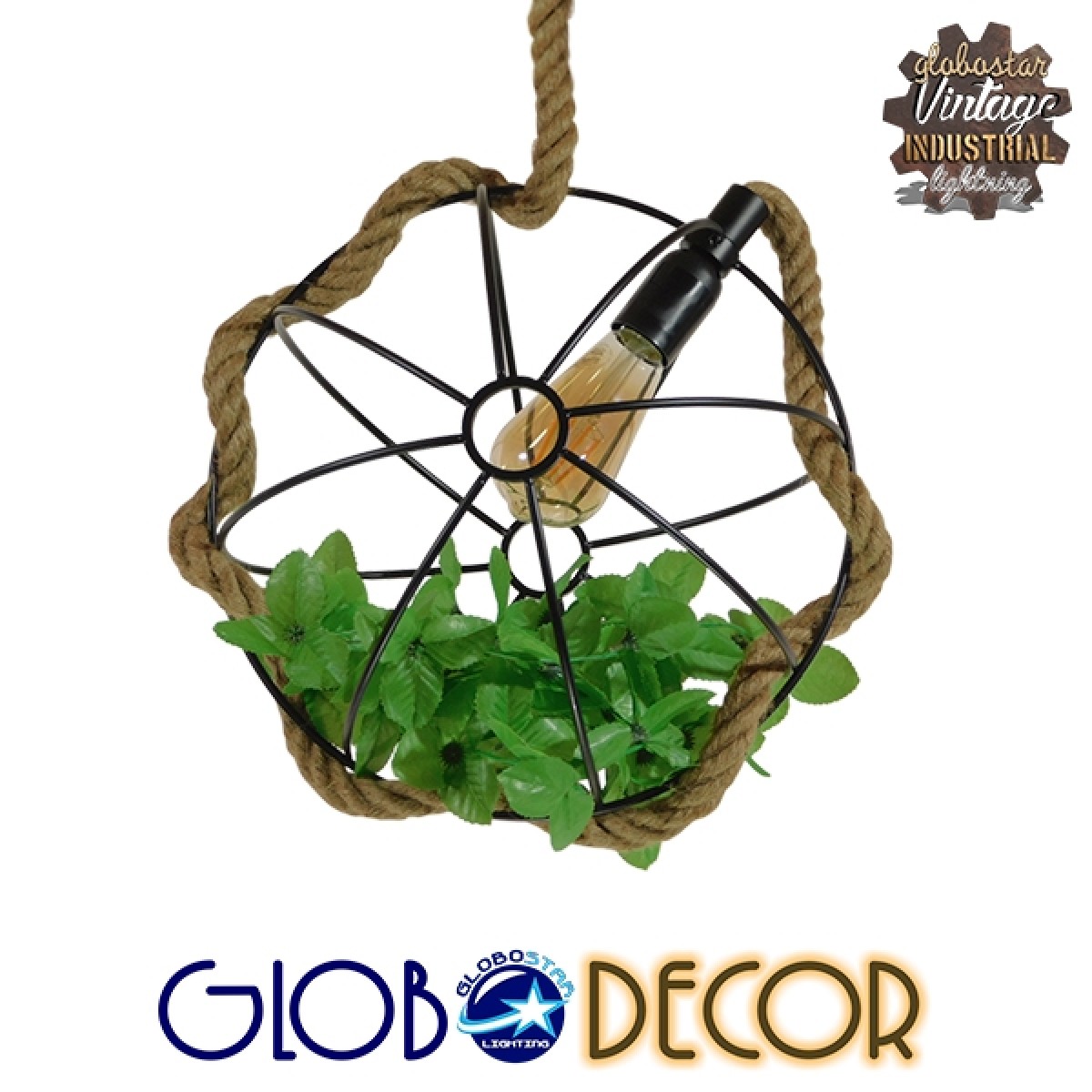 GloboStar® BRADLEY 10001328 Vintage Κρεμαστό Φωτιστικό Πλέγμα Μονόφωτο 1 x E27 IP20 Μπεζ Σχοινί, Πράσινο Πλαστικό με Μαύρο Μέταλλο - Μ33 x Π33 x Υ33cm