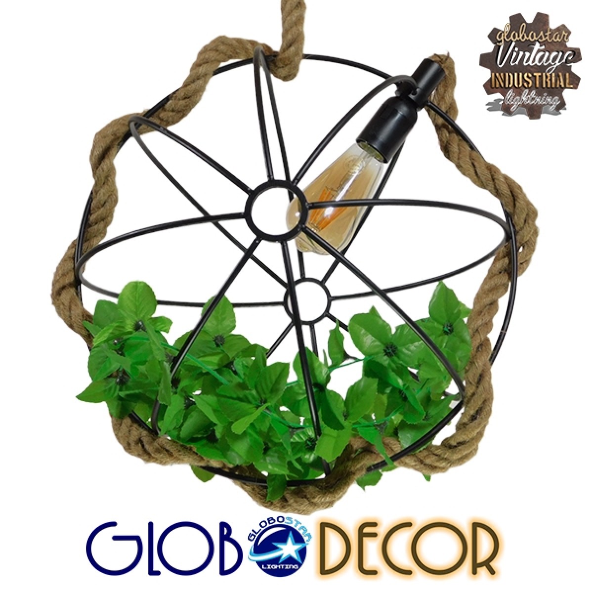 GloboStar® BRADLEY 10001329 Vintage Κρεμαστό Φωτιστικό Πλέγμα Μονόφωτο 1 x E27 IP20 Μπεζ Σχοινί, Πράσινο Πλαστικό με Μαύρο Μέταλλο - Μ42 x Π42 x Υ42cm