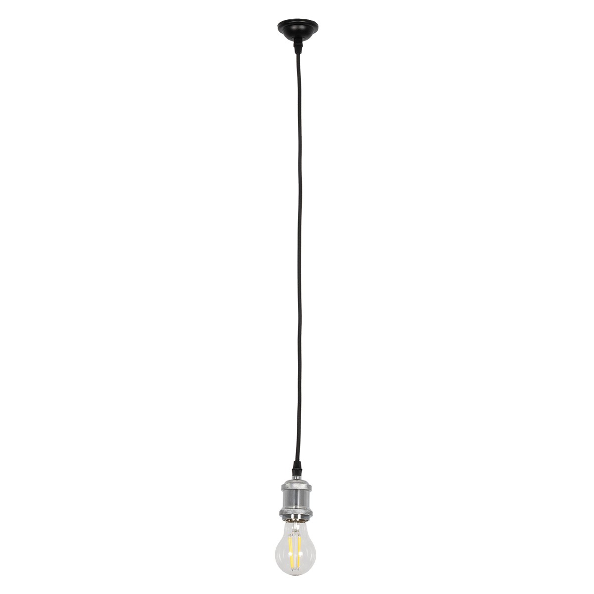 GloboStar® 115102 Vintage Κρεμαστό Φωτιστικό Ανάρτηση Μονόφωτο 1 x E27 IP20 Ασημί Μέταλλο με Μαύρο Πλαστικό - 85cm