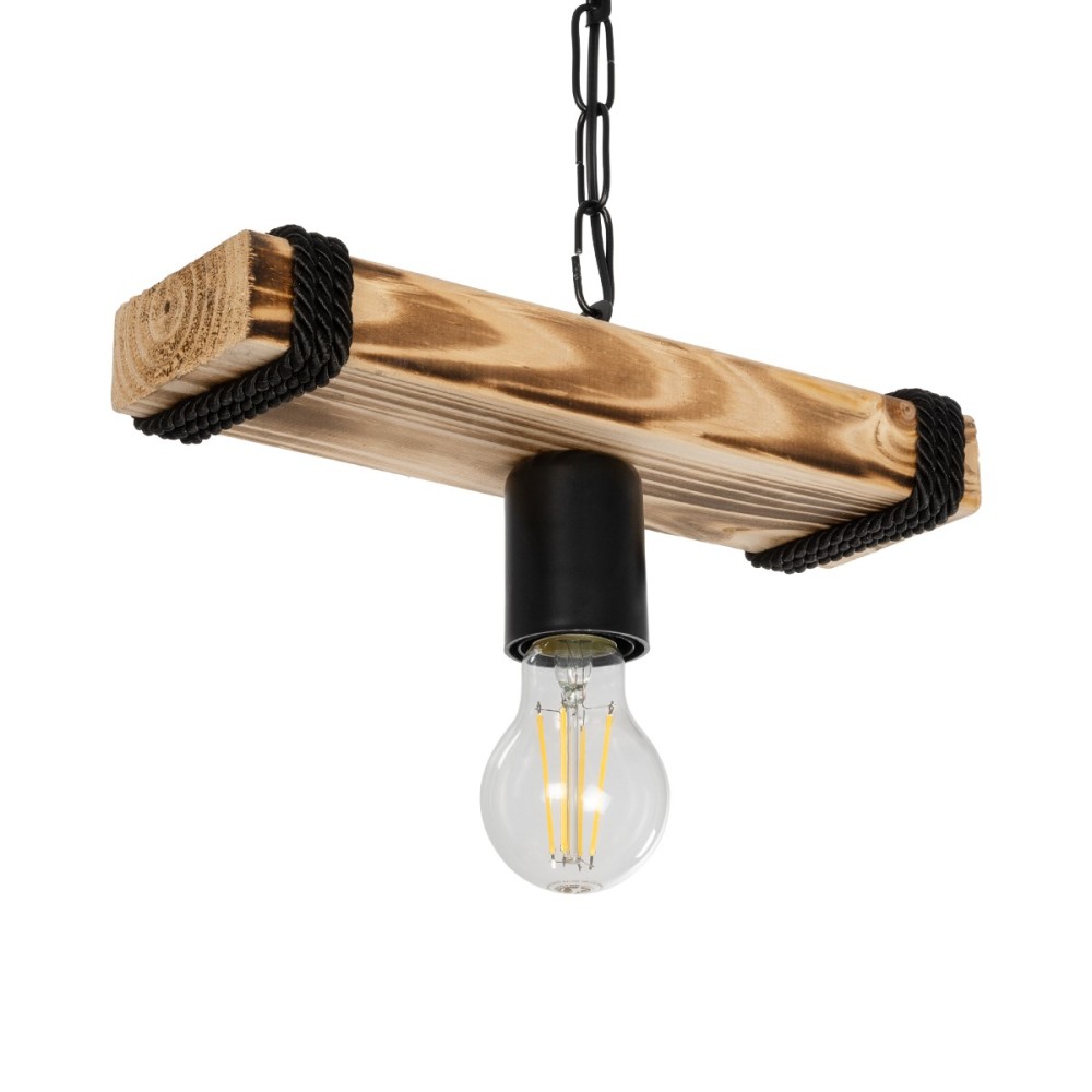 GloboStar® GLISTER 201-0001 Vintage Κρεμαστό Φωτιστικό Ράγα Μονόφωτο 1 x E27 IP20 Μπεζ Ξύλο με Μαύρο Σχοινί - Μ30 x Π9 x Υ10cm