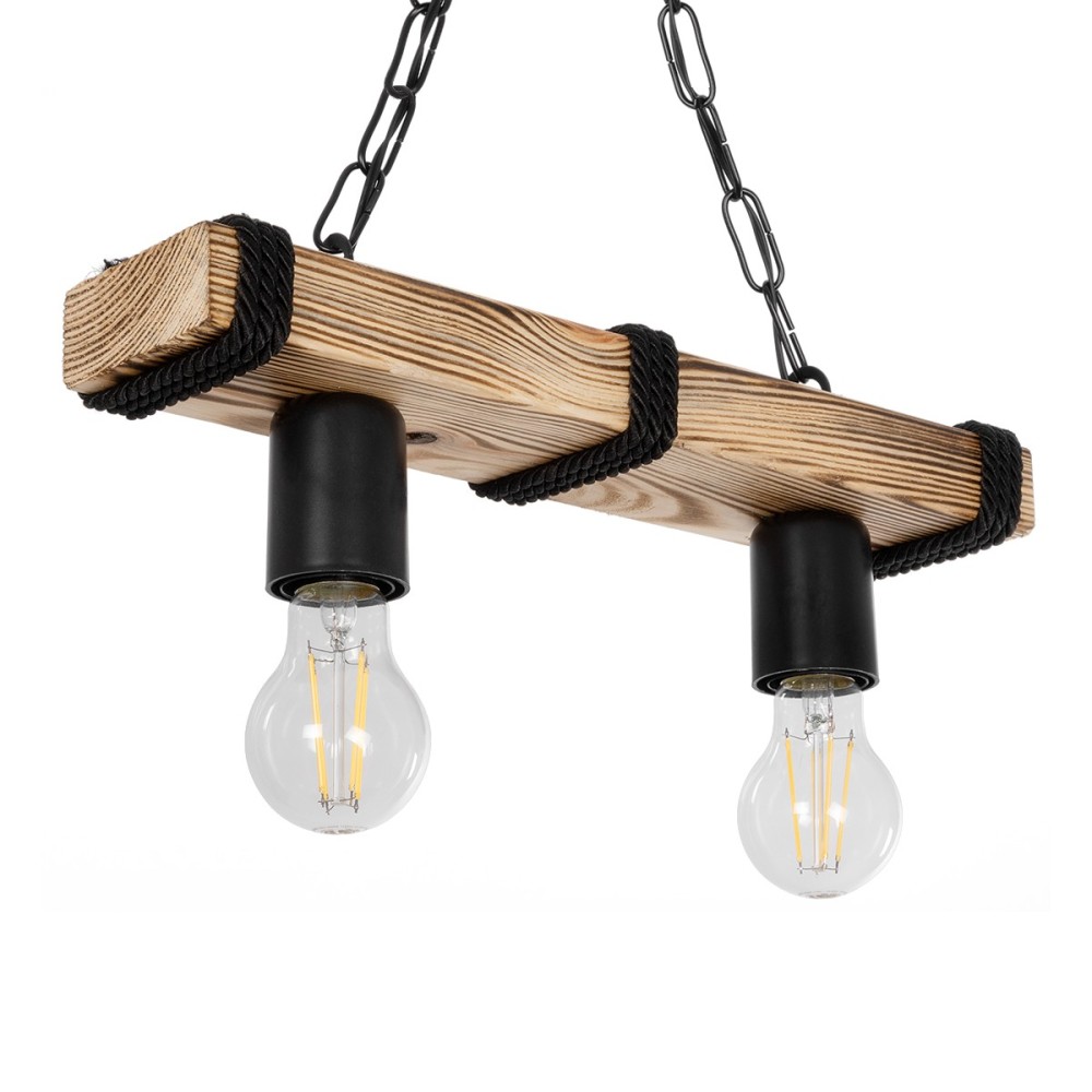GloboStar® GLISTER 201-0002 Vintage Κρεμαστό Φωτιστικό Ράγα Δίφωτο 2 x E27 IP20 Μπεζ Ξύλο με Μαύρο Σχοινί - Μ38 x Π9 x Υ10cm