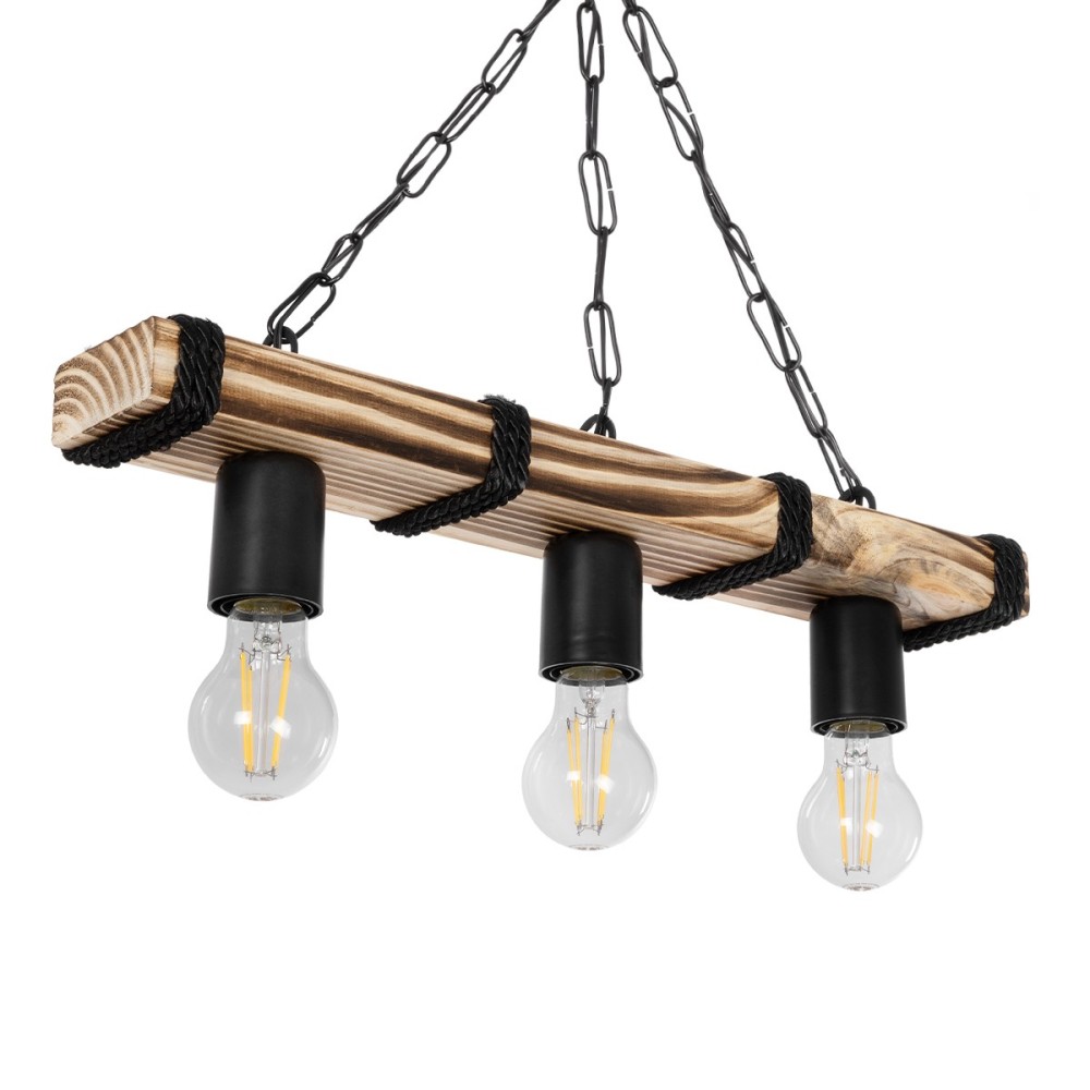 GloboStar® GLISTER 201-0003 Vintage Κρεμαστό Φωτιστικό Ράγα Τρίφωτο 3 x E27 IP20 Μπεζ Ξύλο με Μαύρο Σχοινί - Μ50 x Π9 x Υ10cm