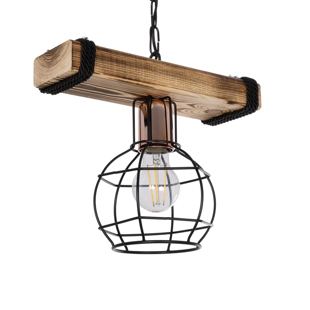 GloboStar® STARLO 201-0004 Vintage Κρεμαστό Φωτιστικό Ράγα Μονόφωτο 1 x E27 IP20 Μπεζ Ξύλο με Μαύρο Μέταλλο - Μ30 x Π16 x Υ23cm