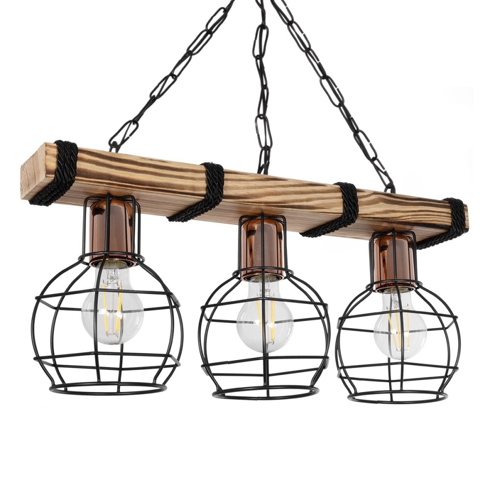 GloboStar® STARLO 201-0006 Vintage Κρεμαστό Φωτιστικό Ράγα Τρίφωτο 3 x E27 IP20 Μπεζ Ξύλο με Μαύρο Μέταλλο - Μ50 x Π16 x Υ23cm