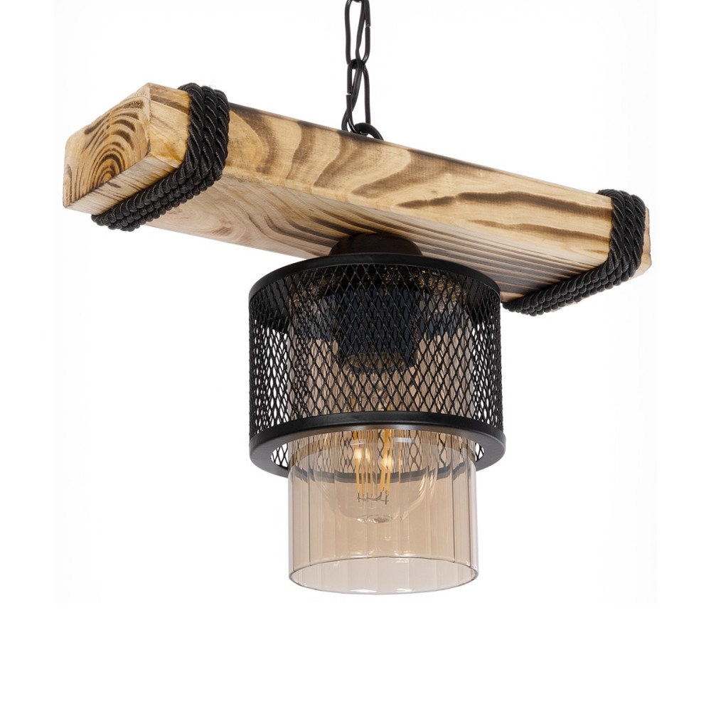 GloboStar® GLORA 201-0007 Vintage Κρεμαστό Φωτιστικό Ράγα Μονόφωτο 1 x E27 IP20 Μπεζ Ξύλο με Μαύρο Μέταλλο & Μελί Γυαλί - Μ29 x Π12 x Υ21cm