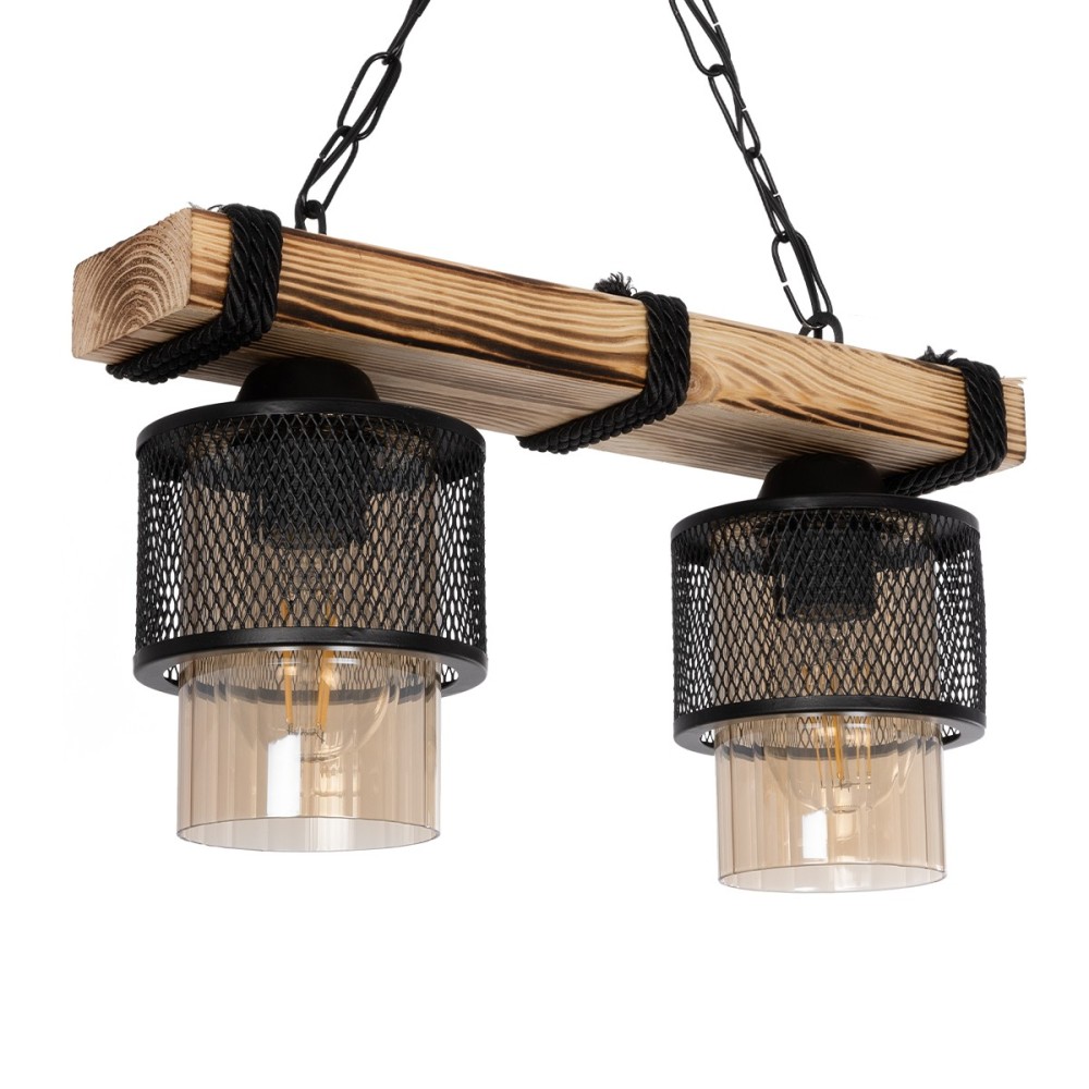 GloboStar® GLORA 201-0008 Vintage Κρεμαστό Φωτιστικό Ράγα Δίφωτο 2 x E27 IP20 Μπεζ Ξύλο με Μαύρο Μέταλλο & Μελί Γυαλί - Μ38 x Π12 x Υ21cm