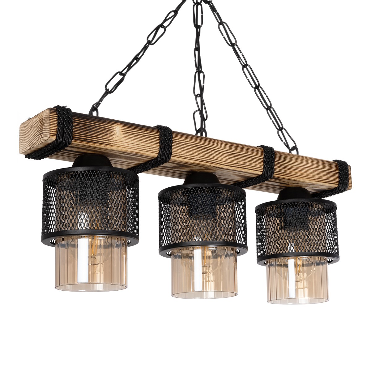 GloboStar® GLORA 201-0009 Vintage Κρεμαστό Φωτιστικό Ράγα Τρίφωτο 3 x E27 IP20 Μπεζ Ξύλο με Μαύρο Μέταλλο & Μελί Γυαλί - Μ50 x Π16 x Υ65cm