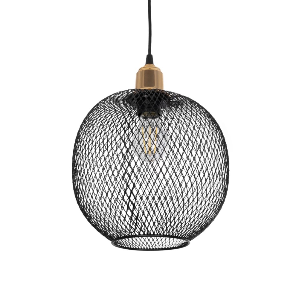 GloboStar® SOLUX 201-0019 Μοντέρνο Κρεμαστό Φωτιστικό Πλέγμα Μονόφωτο 1 x E27 IP20 Μαύρο & Χρυσό Μέταλλο - Μ25 x Π25 x Υ32cm
