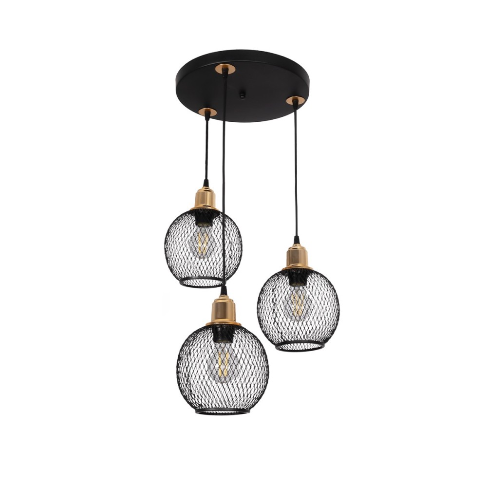 GloboStar® VIVIDUS 201-0020 Vintage Κρεμαστό Φωτιστικό Πλέγμα Τρίφωτο 3 x E27 IP20 Μαύρο & Χρυσό Μέταλλο - Μ40 x Π40 x Υ60cm