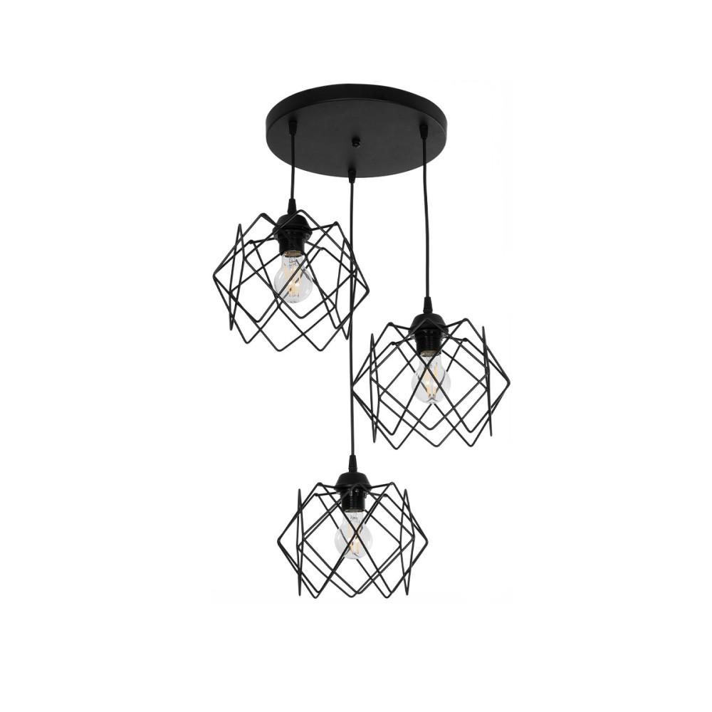 GloboStar® DAZLA 201-0024 Vintage Κρεμαστό Φωτιστικό Πλέγμα Τρίφωτο 3 x E27 IP20 Μαύρο Μέταλλο - Μ47 x Π47 x Υ60cm