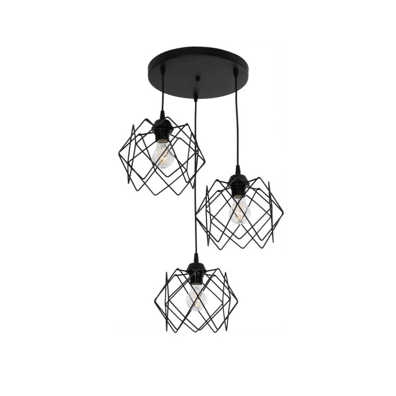 GloboStar® DAZLA 201-0024 Vintage Κρεμαστό Φωτιστικό Πλέγμα Τρίφωτο 3 x E27 IP20 Μαύρο Μέταλλο - Μ47 x Π47 x Υ60cm