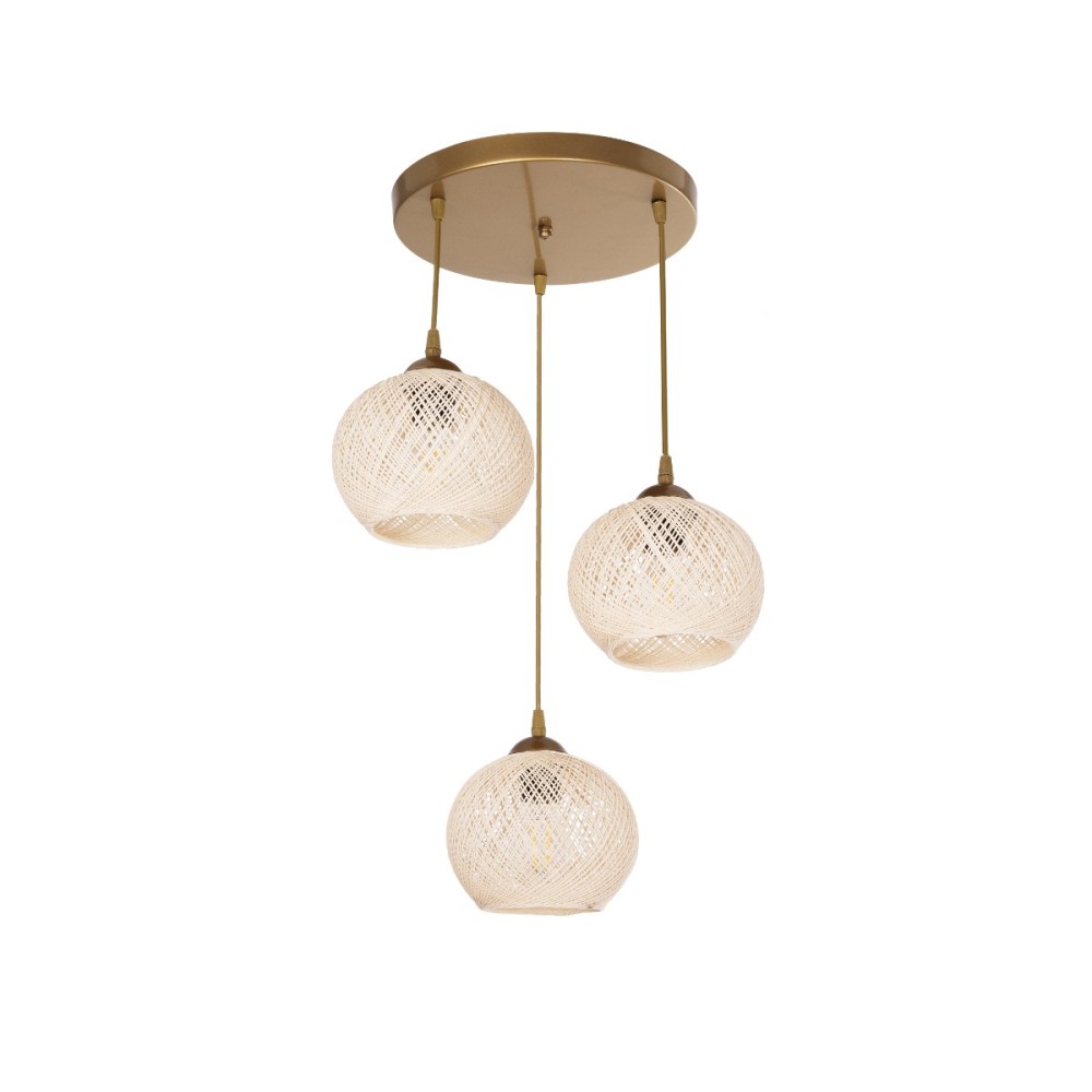 GloboStar® ILLUMIO 201-0027 Vintage Κρεμαστό Φωτιστικό Μπάλα Τρίφωτο 3 x E27 IP20 Χρυσό Μέταλλο με Μπεζ Σχοινί - Μ40 x Π40 x Υ53cm