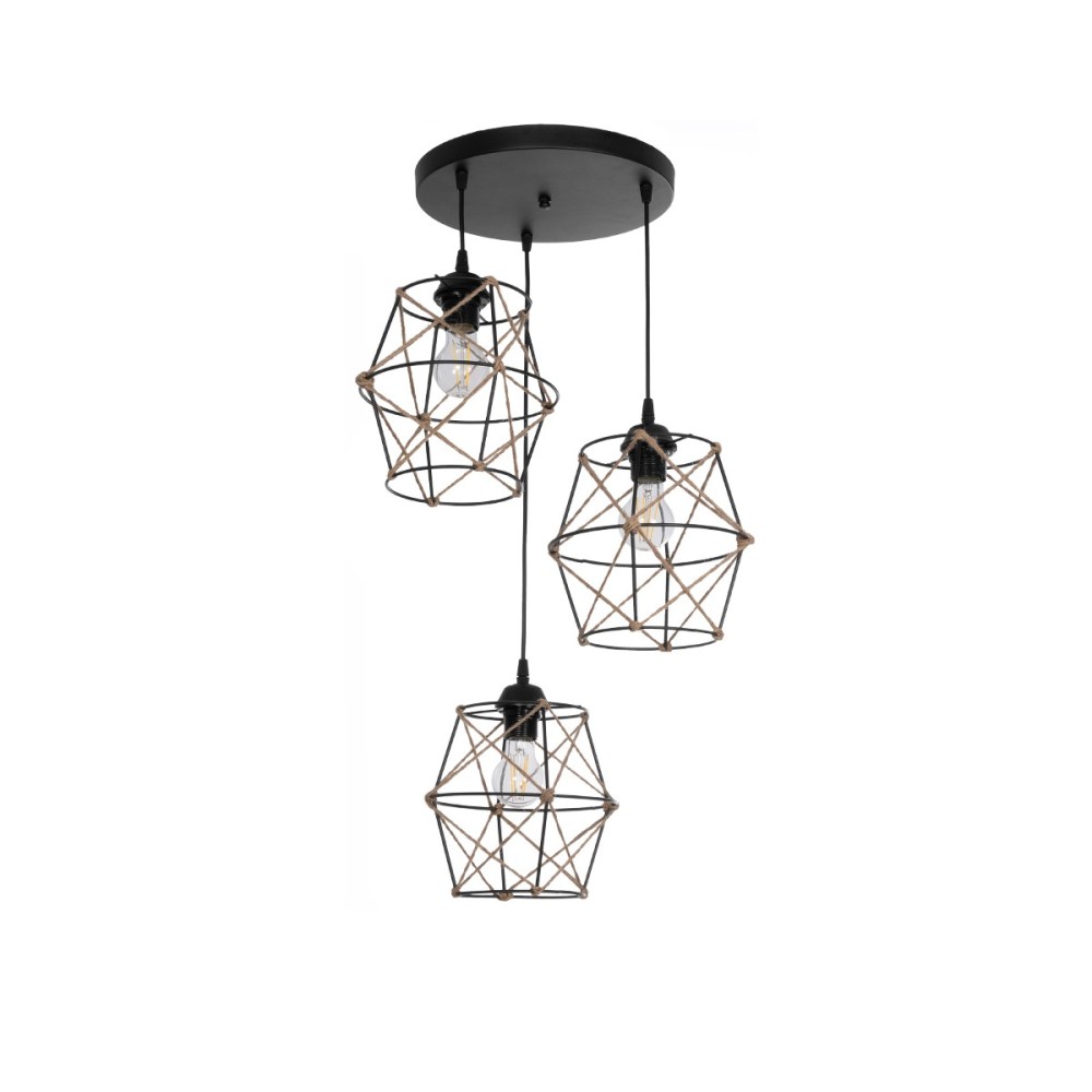 GloboStar® RAYLO 201-0048 Vintage Κρεμαστό Φωτιστικό Πλέγμα Τριφωτο 3 x E27 IP20 Μαύρο Μέταλλο με Μπεζ Σχοινί - Μ44 x Π44 x Υ73cm