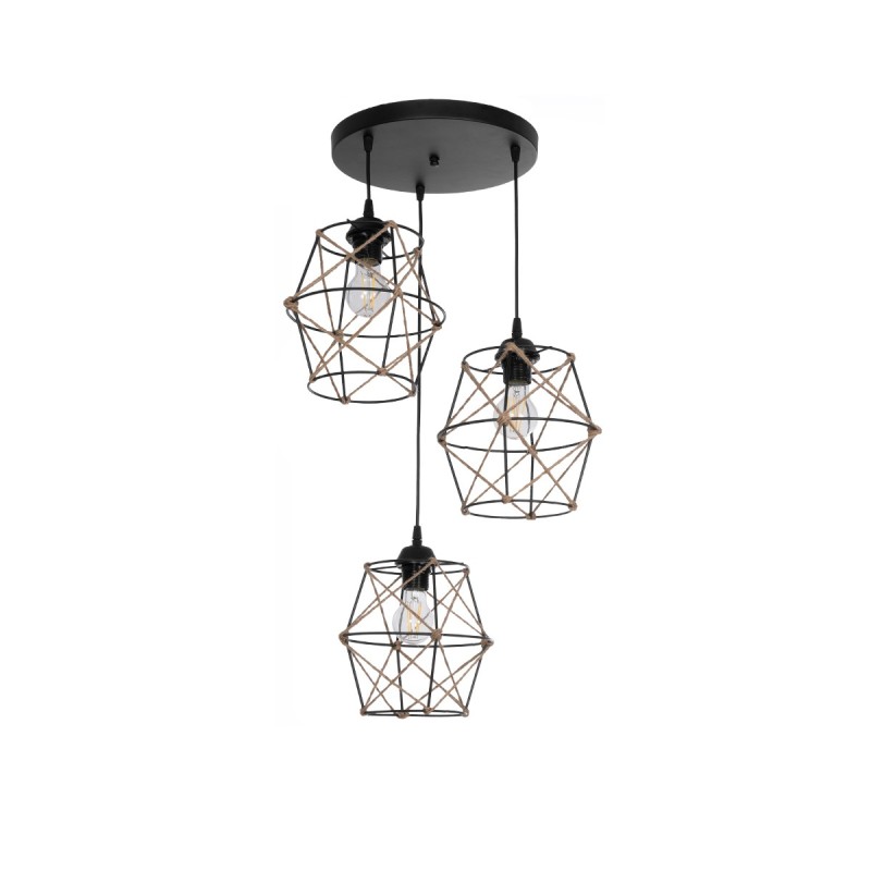 GloboStar® RAYLO 201-0048 Vintage Κρεμαστό Φωτιστικό Πλέγμα Τριφωτο 3 x E27 IP20 Μαύρο Μέταλλο με Μπεζ Σχοινί - Μ44 x Π44 x Υ73cm