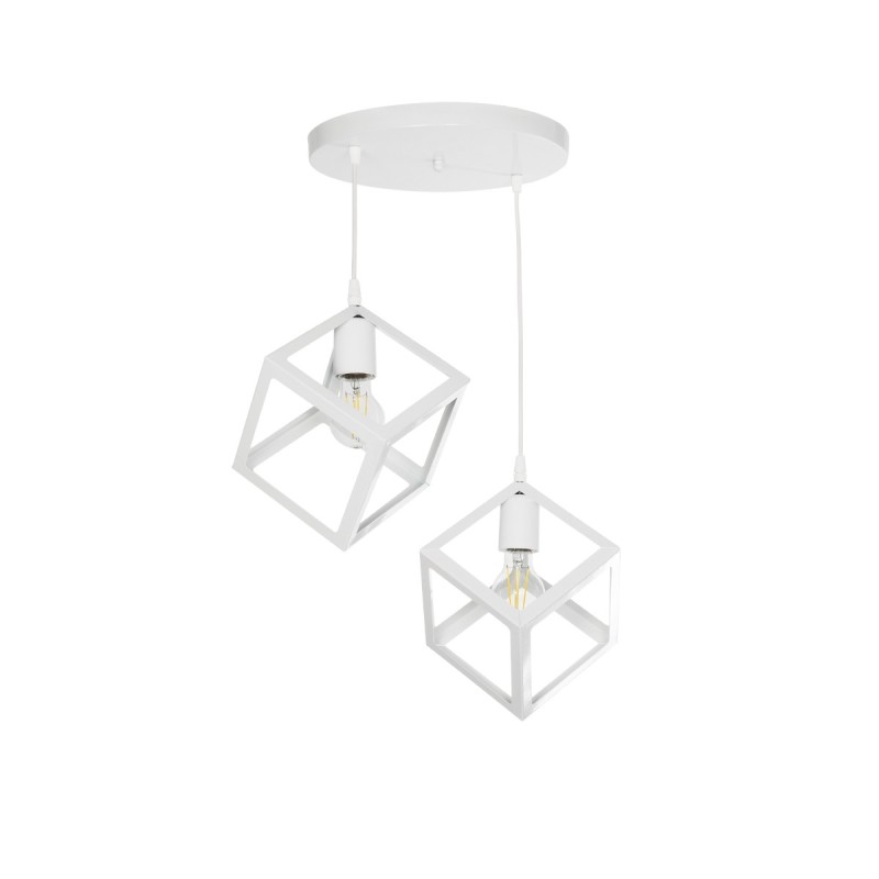 GloboStar® DISE 201-0053 Μοντέρνο Κρεμαστό Φωτιστικό Κύβος Δίφωτο 2 x E27 IP20 Λευκό Μέταλλο - Μ50 x Π30 x Υ50cm