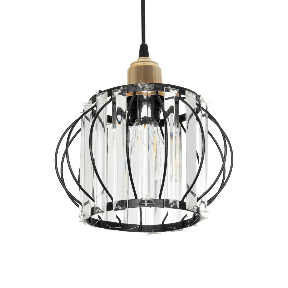 GloboStar® LUCERO 201-0078 Vintage Κρεμαστό Φωτιστικό Πλέγμα Μονόφωτο 1 x E27 IP20 Μαύρο & Χρυσό Μέταλλο με Διάφανο Κρύσταλλο - Μ24 x Π24 x Υ24cm