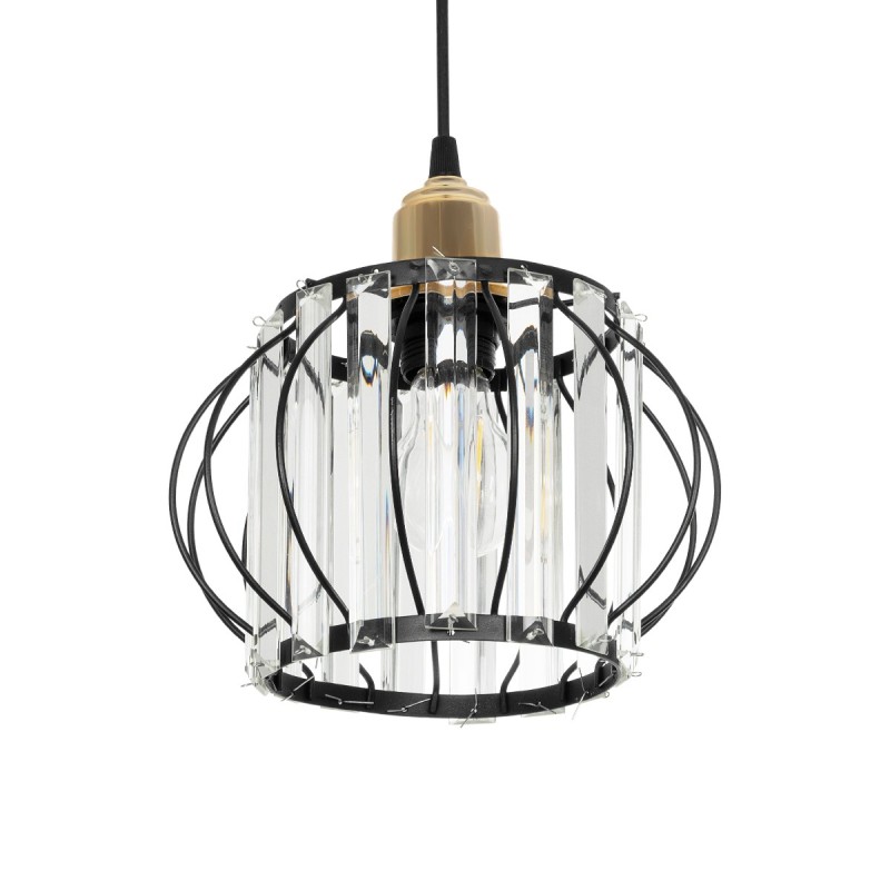 GloboStar® LUCERO 201-0078 Vintage Κρεμαστό Φωτιστικό Πλέγμα Μονόφωτο 1 x E27 IP20 Μαύρο & Χρυσό Μέταλλο με Διάφανο Κρύσταλλο - Μ24 x Π24 x Υ24cm