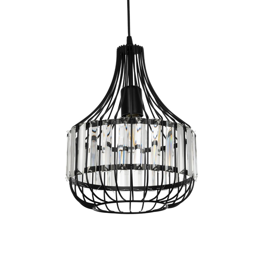 GloboStar® LUMAON 201-0081 Vintage Κρεμαστό Φωτιστικό Πλέγμα Μονόφωτο 1 x E27 IP20 Μαύρο Μέταλλο με Διάφανο Κρύσταλλο - Μ27 x Π27 x Υ37cm