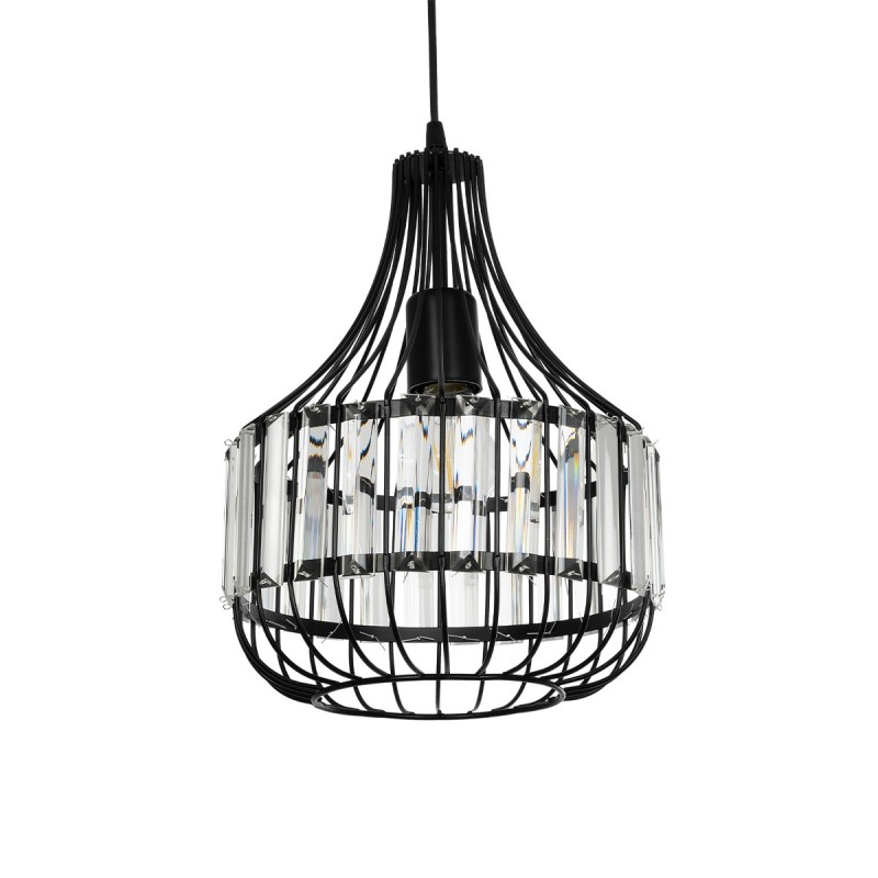 GloboStar® LUMAON 201-0081 Vintage Κρεμαστό Φωτιστικό Πλέγμα Μονόφωτο 1 x E27 IP20 Μαύρο Μέταλλο με Διάφανο Κρύσταλλο - Μ27 x Π27 x Υ37cm