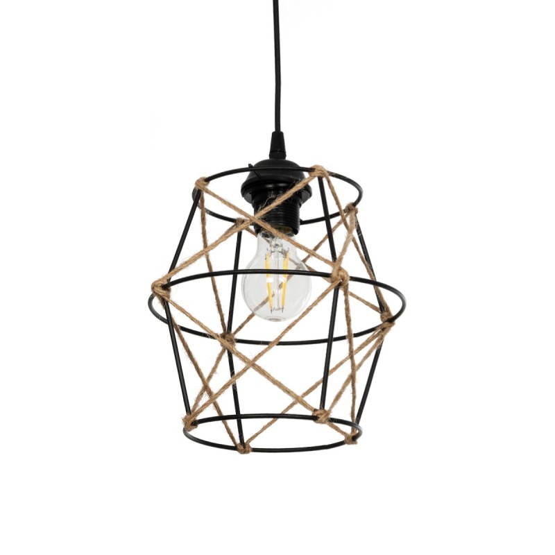 GloboStar® SOLON 201-0088 Vintage Κρεμαστό Φωτιστικό Πλέγμα Μονόφωτο 1 x E27 IP20 Μαύρο Μέταλλο με Μπεζ Σχοινί - Μ22 x Π22 x Υ27cm