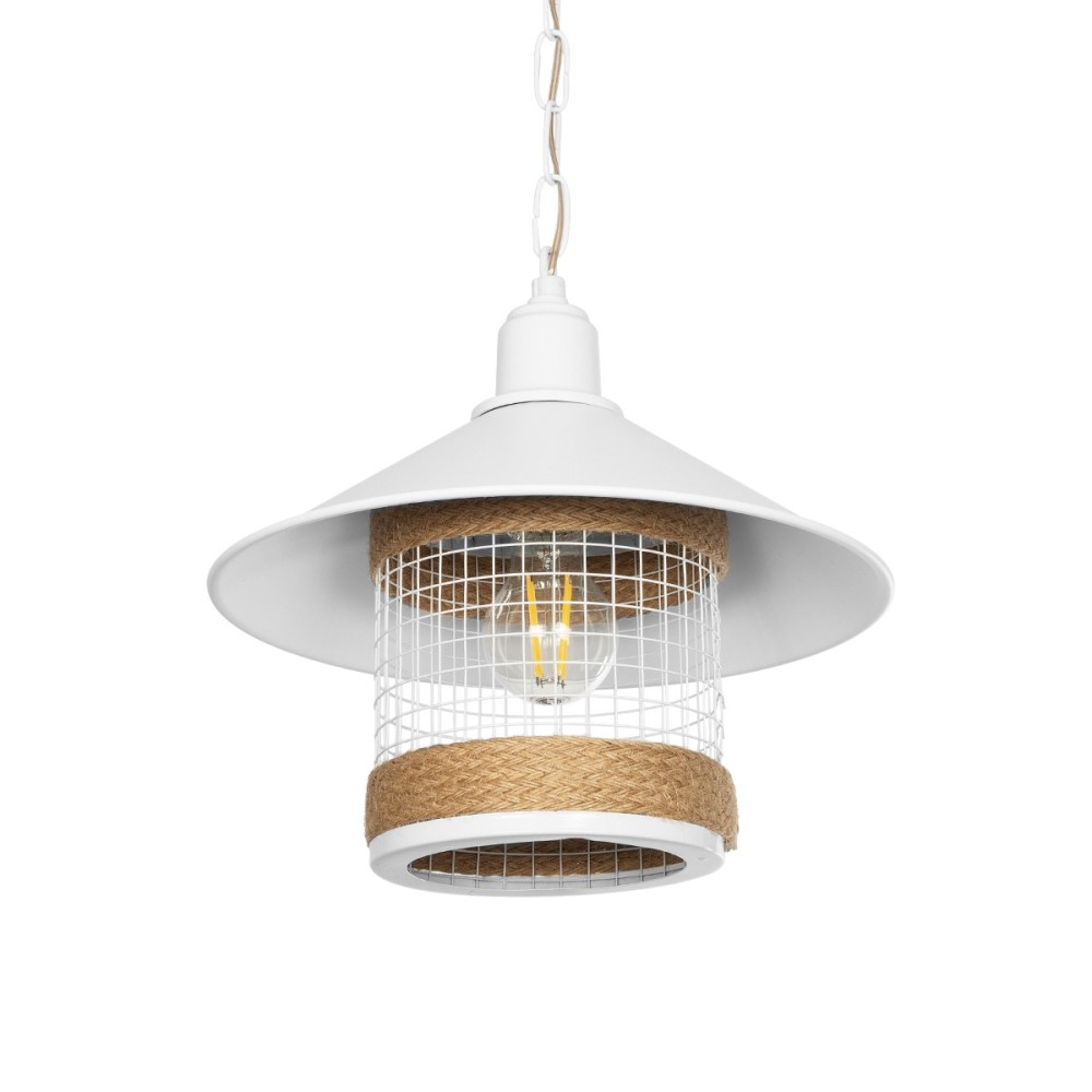 GloboStar® GLORA 201-0089 Vintage Κρεμαστό Φωτιστικό Καμπάνα Μονόφωτο 1 x E27 IP20 Λευκο Μέταλλο με Μπεζ Σχοινί - Μ30 x Π30 x Υ29cm