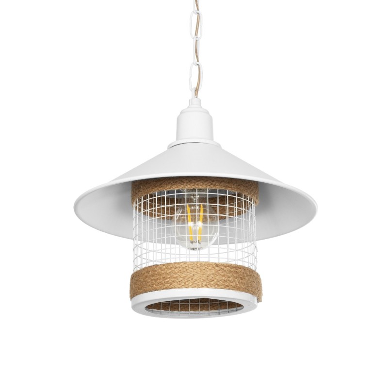 GloboStar® GLORA 201-0089 Vintage Κρεμαστό Φωτιστικό Καμπάνα Μονόφωτο 1 x E27 IP20 Λευκο Μέταλλο με Μπεζ Σχοινί - Μ30 x Π30 x Υ29cm