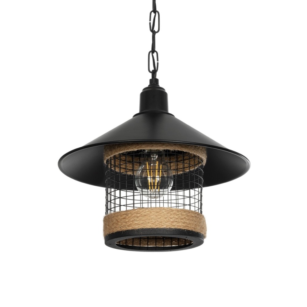 GloboStar® GLORA 201-0090 Vintage Κρεμαστό Φωτιστικό Καμπάνα Μονόφωτο 1 x E27 IP20 Μαύρο Μέταλλο με Μπεζ Σχοινί - Μ30 x Π30 x Υ29cm