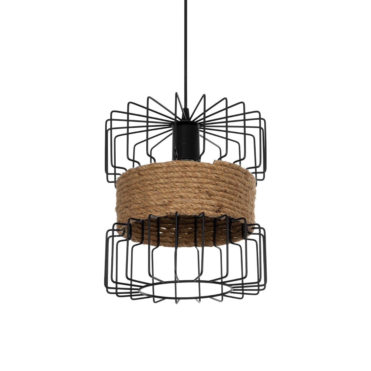 GloboStar® ORB 201-0096 Vintage Κρεμαστό Φωτιστικό Πλέγμα Μονόφωτο 1 x E27 IP20 Μαύρο Μέταλλο με Μπεζ Σχοινί - Μ28 x Π28 x Υ80cm