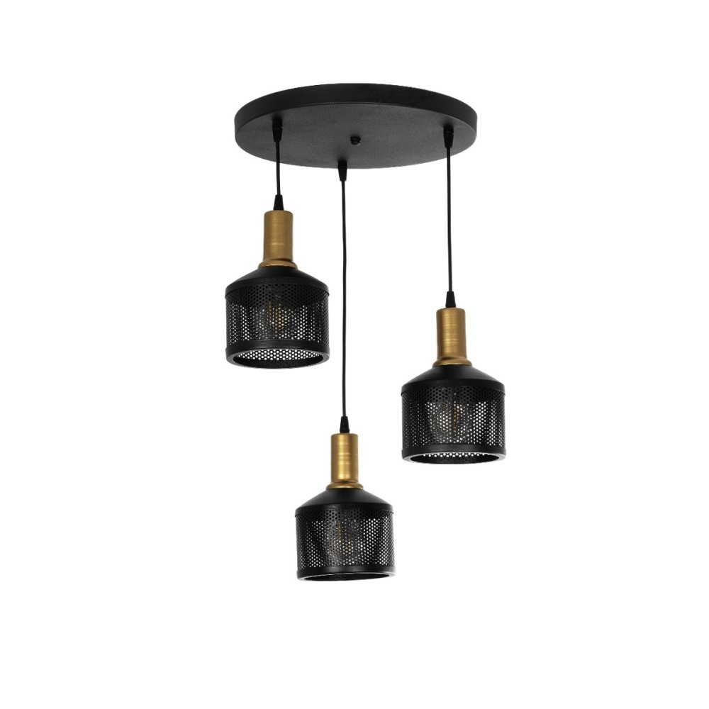 GloboStar® RADIANT 201-0097 Vintage Κρεμαστό Φωτιστικό Πλέγμα Τρίφωτο 3 x E27 IP20 Μαύρο & Χρυσό Μέταλλο - Μ38 x Π38 x Υ50cm