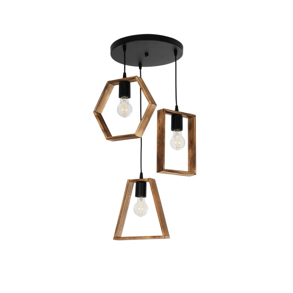 GloboStar® EMBER 201-0102 Vintage Κρεμαστό Φωτιστικό Φιγούρα Τρίφωτο 3 x E27 IP20 Μαύρο Μέταλλο με Καφέ Ξύλο - Μ50 x Π50 x Υ70cm