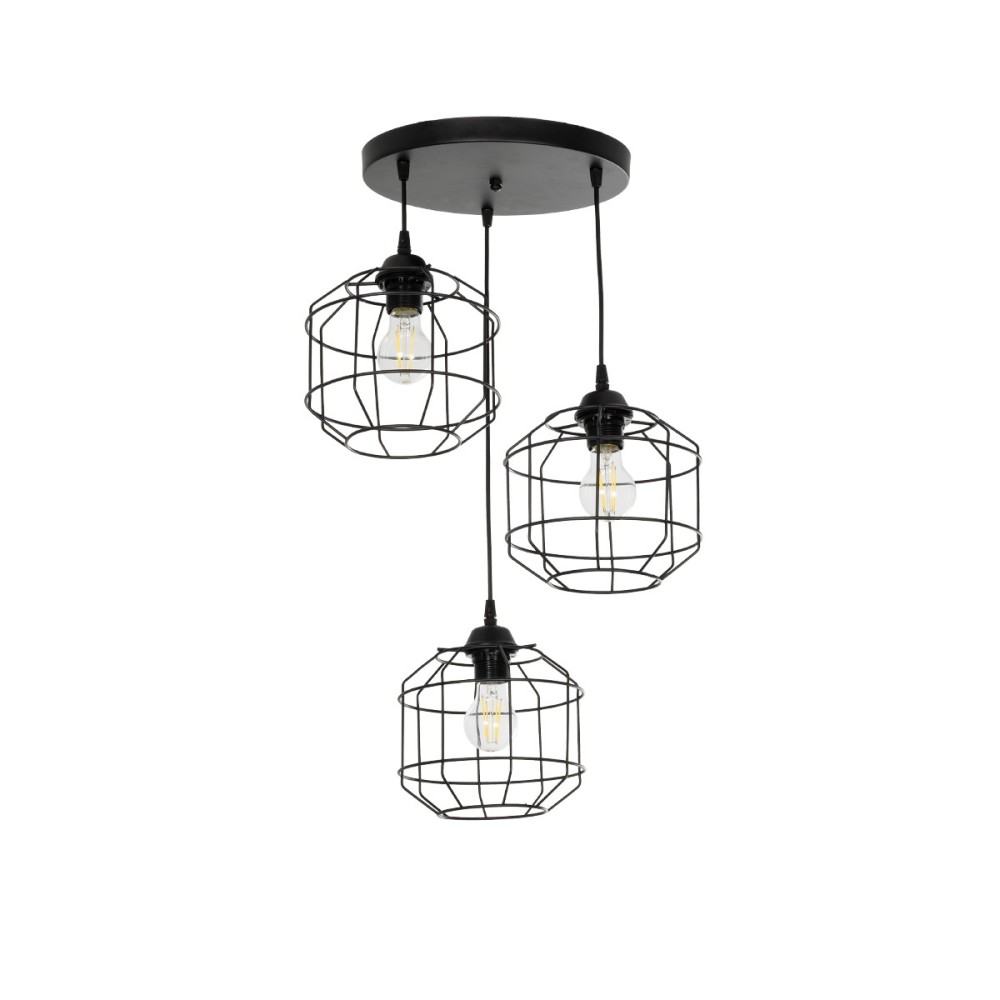 GloboStar® RAYNO 201-0108 Vintage Κρεμαστό Φωτιστικό Πλέγμα Τρίφωτο 3 x E27 IP20 Μαύρο Μέταλλο - Μ42 x Π42 x Υ60cm