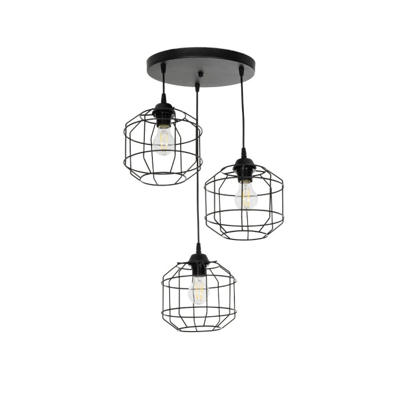 GloboStar® RAYNO 201-0108 Vintage Κρεμαστό Φωτιστικό Πλέγμα Τρίφωτο 3 x E27 IP20 Μαύρο Μέταλλο - Μ42 x Π42 x Υ60cm