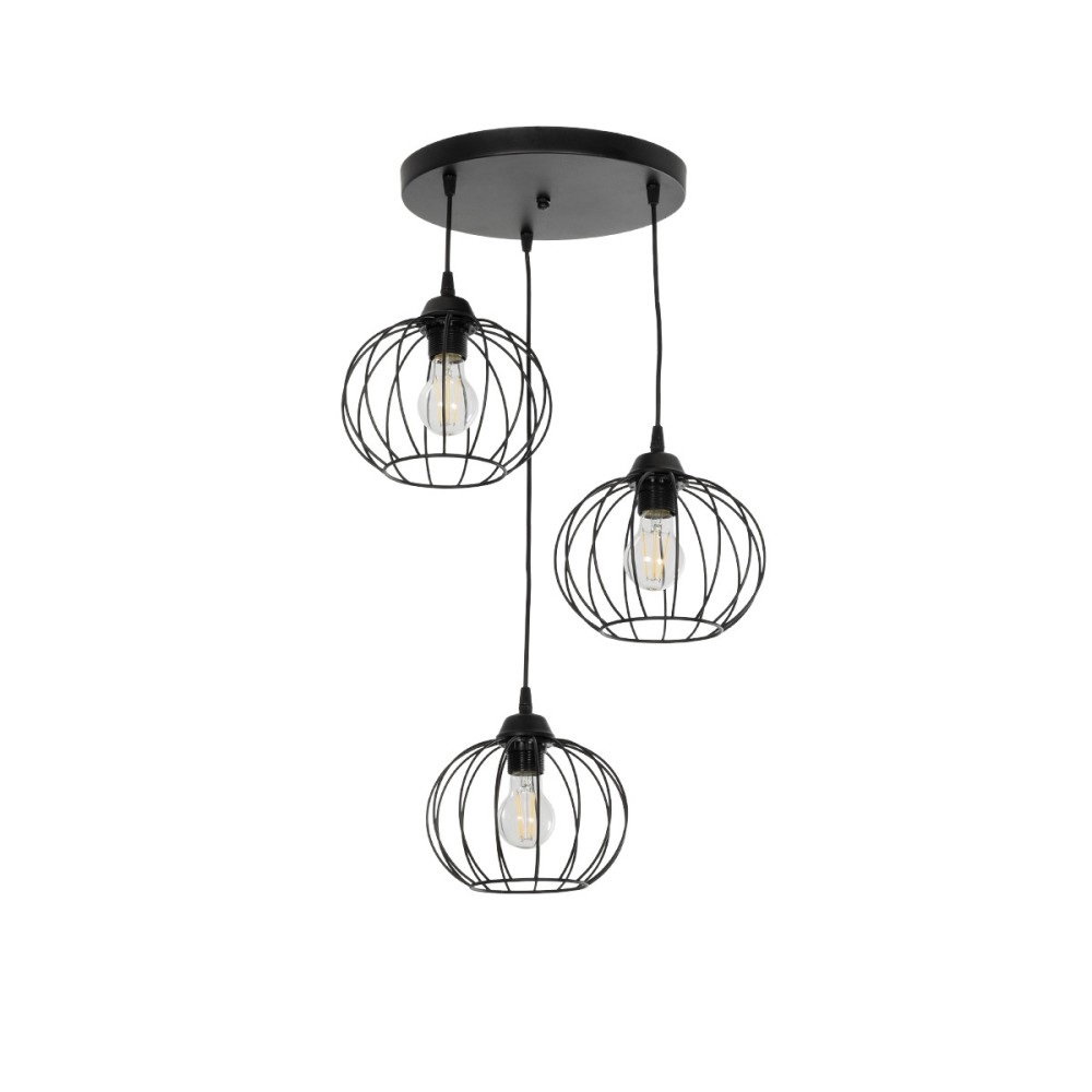 GloboStar® FLAMIA 201-0109 Vintage Κρεμαστό Φωτιστικό Πλέγμα Τρίφωτο 3 x E27 IP20 Μαύρο Μέταλλο - Μ44 x Π44 x Υ66cm