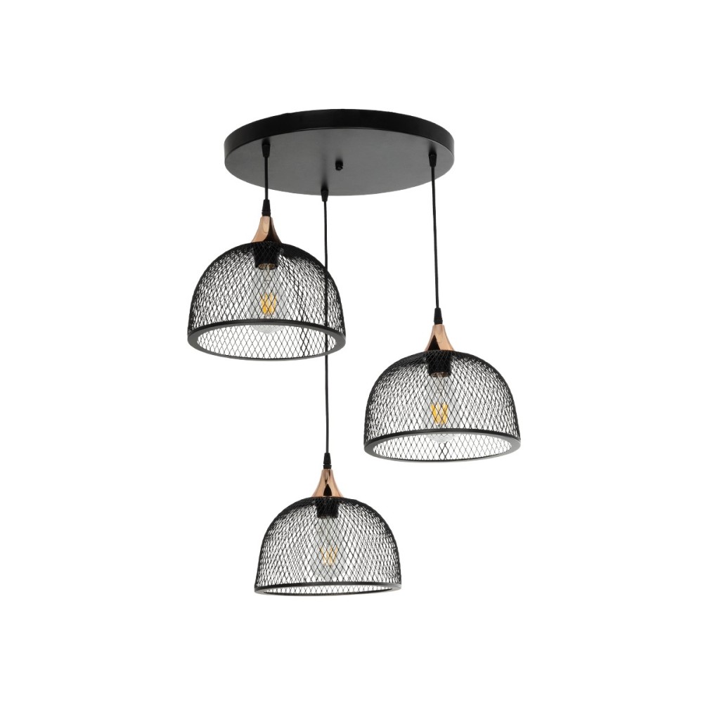 GloboStar® FLICKA 201-0113 Vintage Κρεμαστό Φωτιστικό Πλέγμα Τρίφωτο 3 x E27 IP20 Μαύρο Μέταλλο - Μ55 x Π55 x Υ65cm