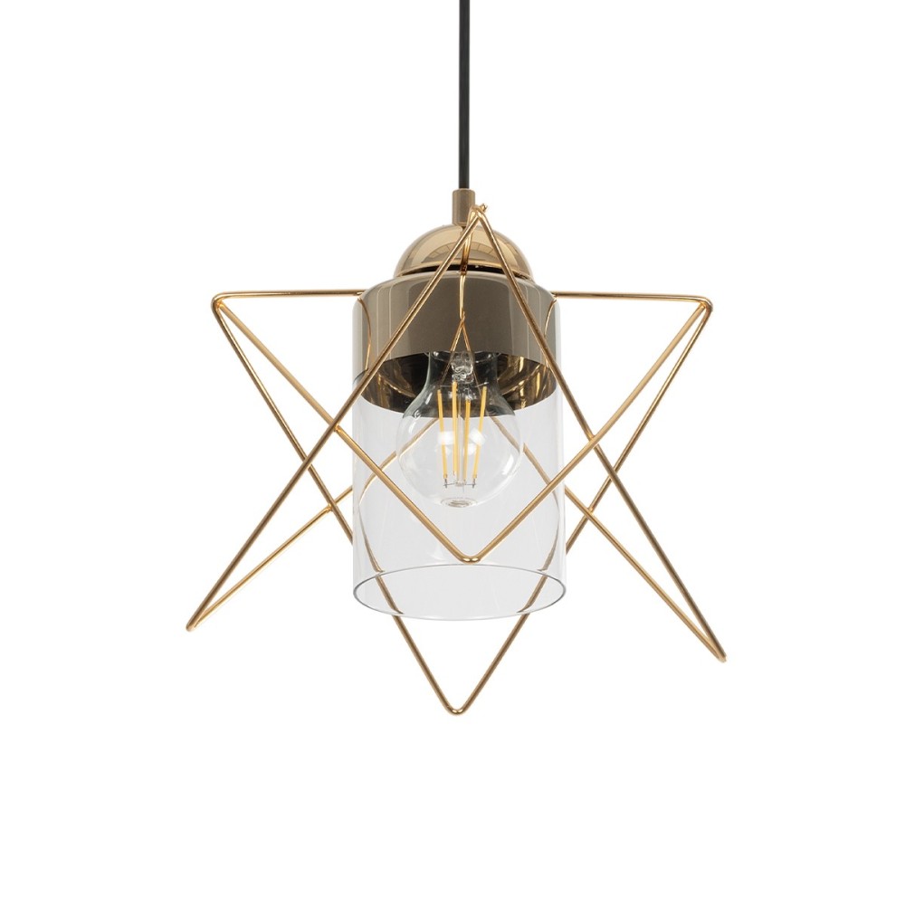 GloboStar® PLEX 202-0037 Μοντέρνο Κρεμαστό Φωτιστικό Πλέγμα Μονόφωτο 1 x E27 IP20 Χρυσό Μέταλλο με Διάφανο Γυαλί - Μ25 x Π25 x Υ23cm