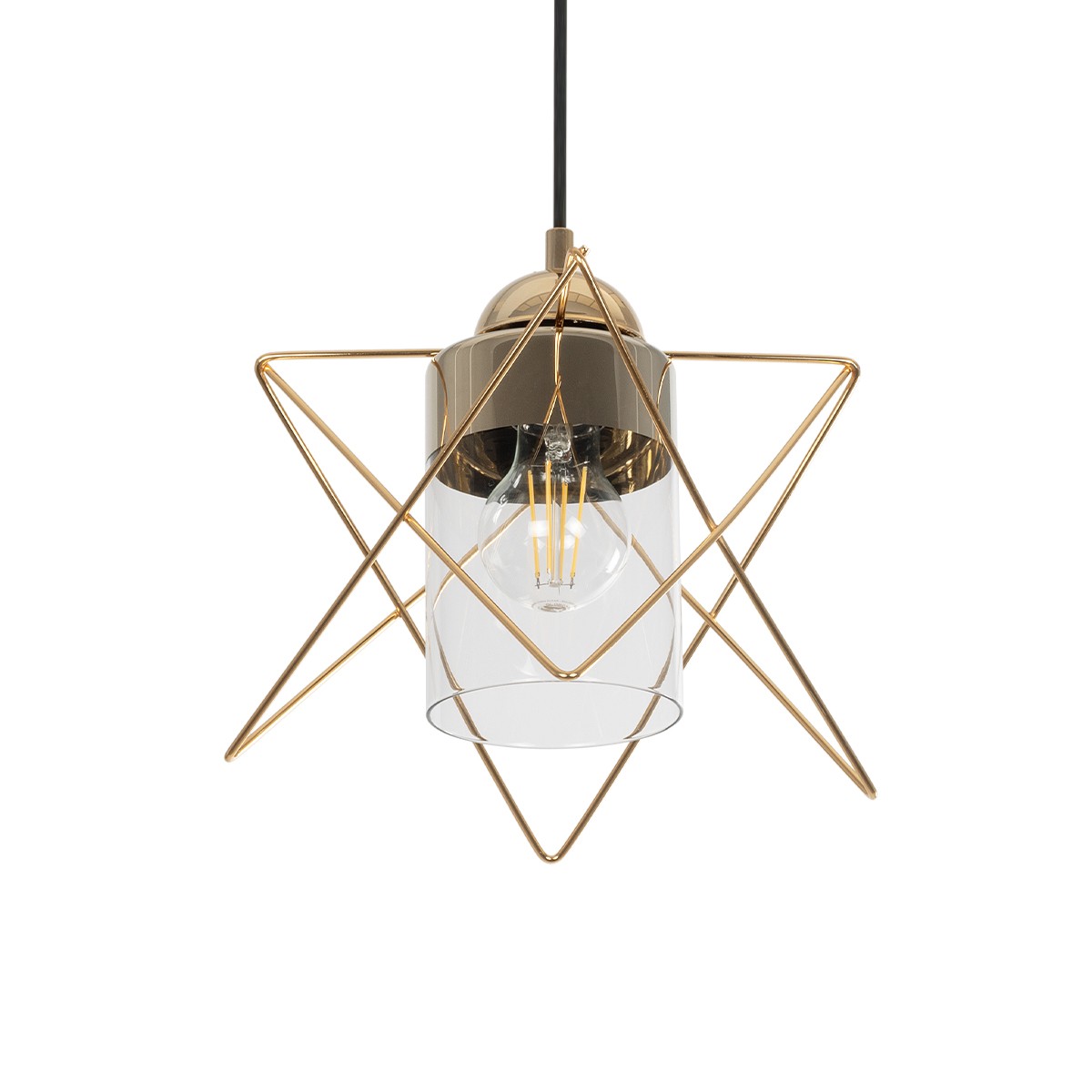GloboStar® PLEX 202-0037 Μοντέρνο Κρεμαστό Φωτιστικό Πλέγμα Μονόφωτο 1 x E27 IP20 Χρυσό Μέταλλο με Διάφανο Γυαλί - Μ20 x Π20 x Υ70cm