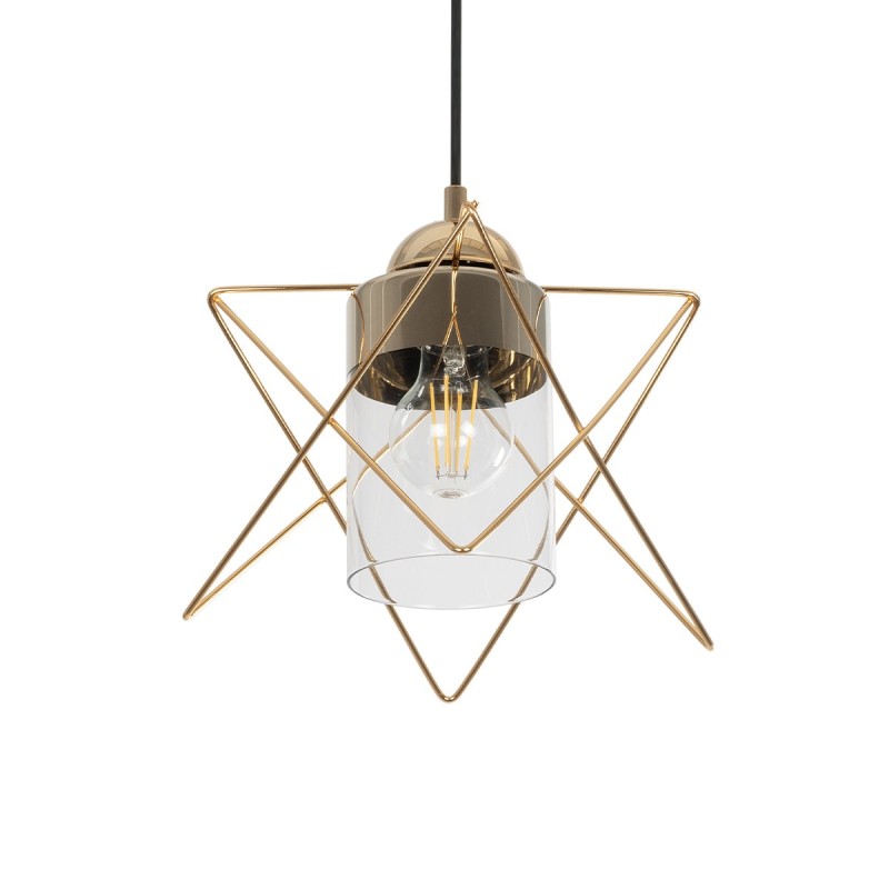 GloboStar® PLEX 202-0037 Μοντέρνο Κρεμαστό Φωτιστικό Πλέγμα Μονόφωτο 1 x E27 IP20 Χρυσό Μέταλλο με Διάφανο Γυαλί - Μ25 x Π25 x Υ23cm