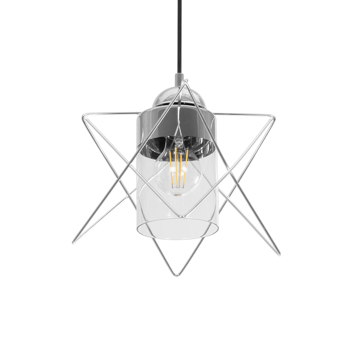 GloboStar® PLEX 202-0038 Μοντέρνο Κρεμαστό Φωτιστικό Πλέγμα Μονόφωτο 1 x E27 IP20 Ασημί Μέταλλο με Διάφανο Γυαλί - Μ20 x Π20 x Υ70cm