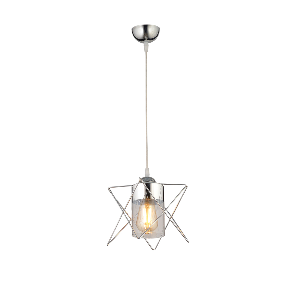 GloboStar® PLEX 202-0038 Μοντέρνο Κρεμαστό Φωτιστικό Πλέγμα Μονόφωτο 1 x E27 IP20 Ασημί Μέταλλο με Διάφανο Γυαλί - Μ20 x Π20 x Υ70cm