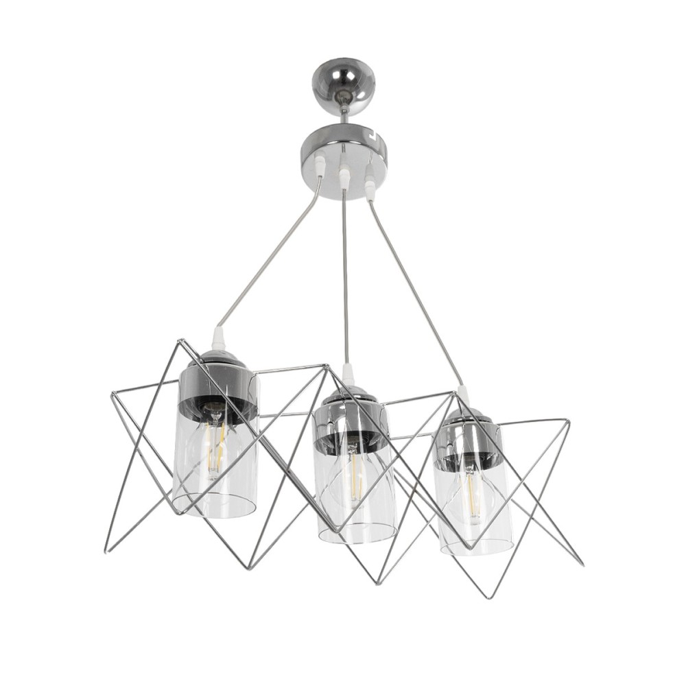 GloboStar® PLEX 202-0039 Μοντέρνο Κρεμαστό Φωτιστικό Πλέγμα Τρίφωτο 3 x E27 IP20 Ασημί Μέταλλο με Διάφανο Γυαλί - Μ56 x Π17 x Υ24cm