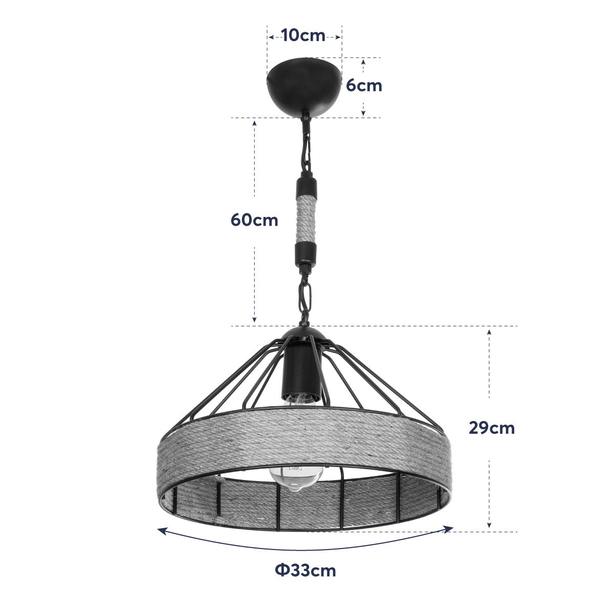 GloboStar® ZION 203-0003 Vintage Κρεμαστό Φωτιστικό Σχοινί Μονόφωτο 1 x E27 IP20 Μαύρο Μέταλλο με Μπεζ Σχοινί - Μ33 x Π33 x Υ90cm